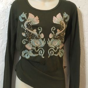Vintage Y2K Lucky brand beaded embroidered Pisces T‎ Shirt size S firm